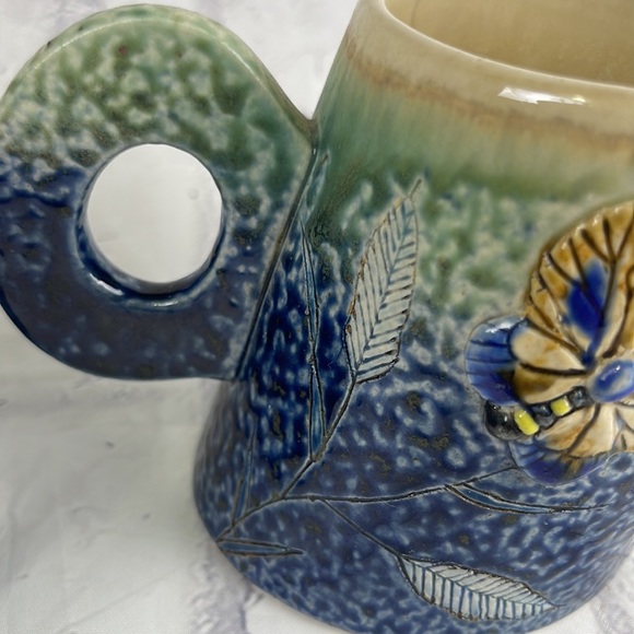 F Widayanto Slanted Ceramic Mugs Set of 4 Artisan Made Ceramic Butterfly Design - Picture 6 of 10